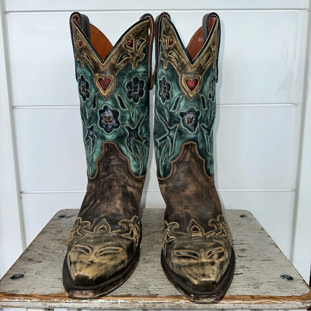 Dan Post Miss Kate Distressed Brown Teal Blue bird  Wing Tip Cowboy Boots Sz 7 - Picture 3 of 7